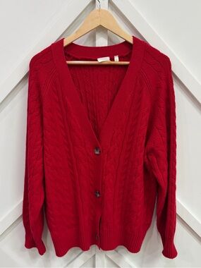 Cyrus Red Cable-Knit V-Neck Button Cardigan
